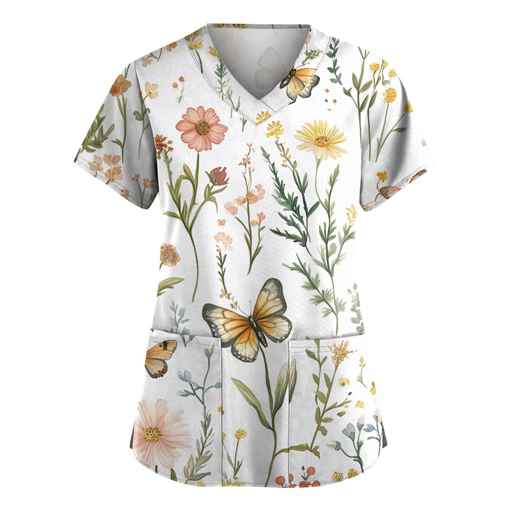 Women's Fashion Short Sleeve Fashion Vintage Floral Print V-Neck Pocket Workwear Tops