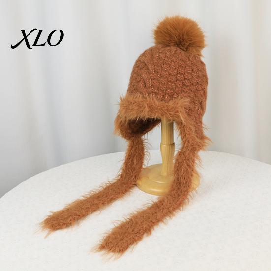 Winter Knitted Hat for Women Earflap Hat, Fuzzy Trim Pompom Soft Warm Comfortable Knit Outdoor Cycling, Cold Weather Daily Wear Small Face Effect
