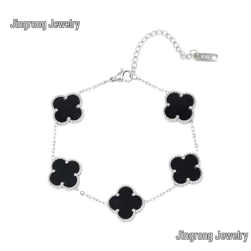 18K Gold Plated Mother-of-Pearl Four-Leaf Clover Jewelry Set: Bracelet, Necklace, Ring, Stud Earrings