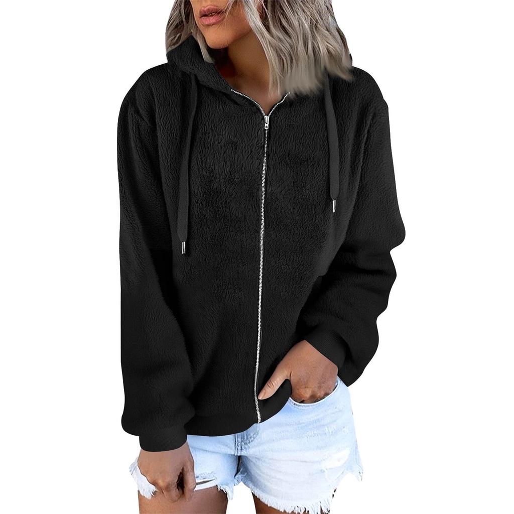 Women's Fashionable Warm Fleece Solid Color Hoodie Zipper Pocket Casual Jacket