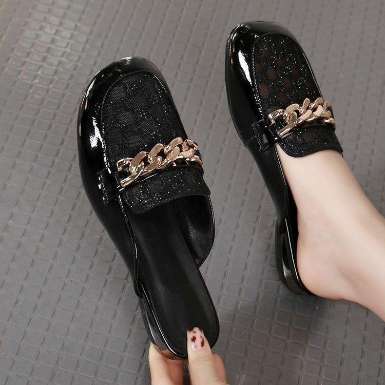 Лето 2025 Женские Мюли из Цепочной Сетки с Острым Носком и Массивным Низким Каблуком