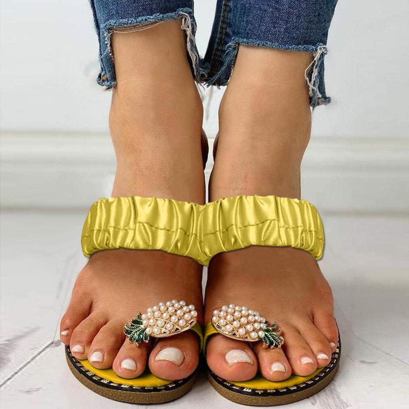 Sandalias Bohemias de punta plana para Mujer, zapatos de playa con perlas de piña, talla grande, Verano, sandals women