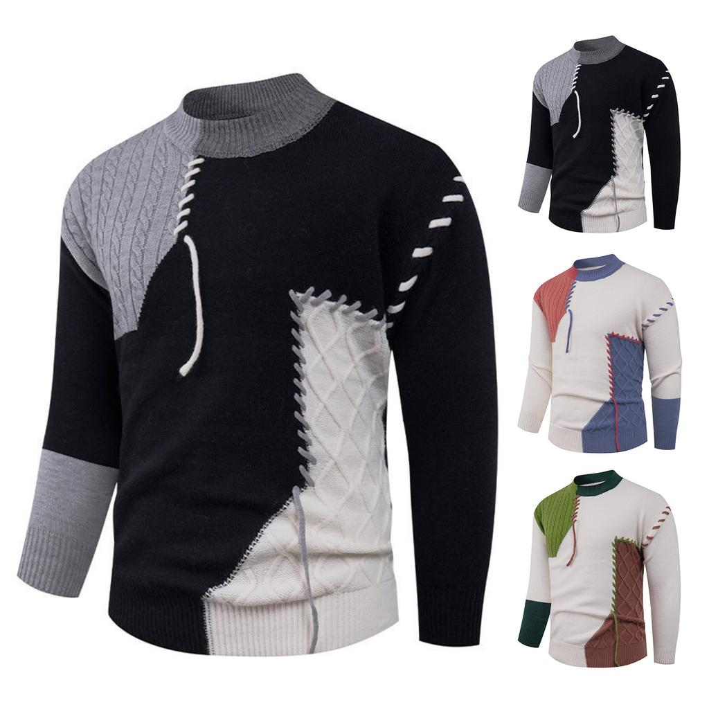 Men's Casual Color-blocked Sweater, Warm And Fashionable Pullover, Paired With A Round-neck Knitted Sweater Inside
