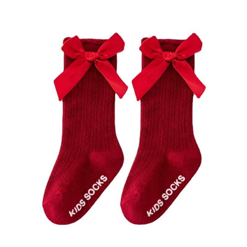 Детские носки с бантом Весна Осень Новорожденные Девочки Дети на Рождество Зиму Нескользящие Хлопковые Принцесса Гольфы до колена Длинные носки