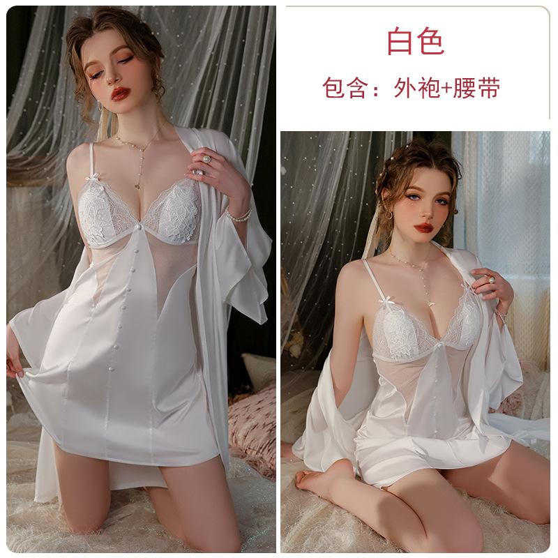 Women's Silky Push Up Padded Backless Cami Sleep Dress with Robe for Summer