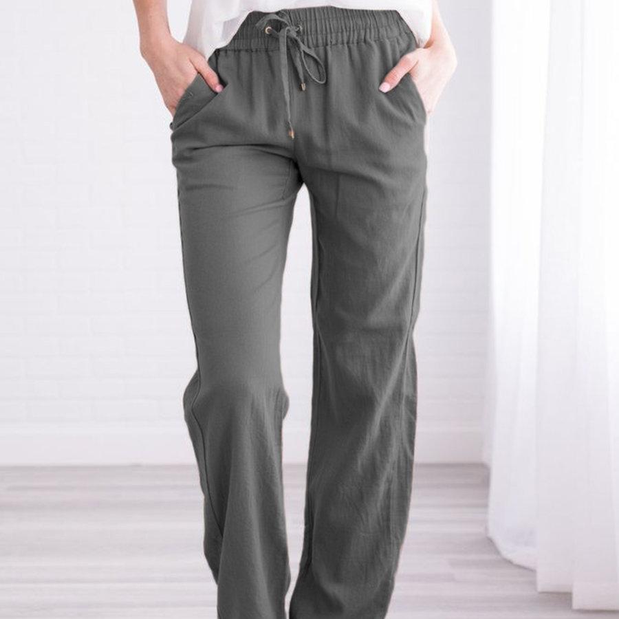Solid Color Cotton Hemp Drawstring Loose Casual Wide Leg Trousers