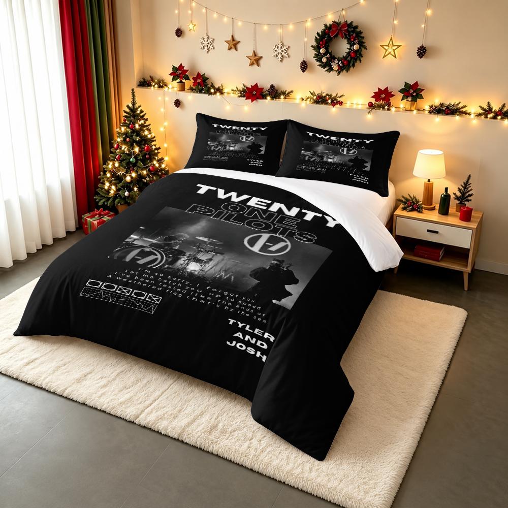 3 Piece Bedding Set with Duvet Cover and 2 Pillowcases - Twenty One Pilots Tyler Josh Live Stage Drum Print - Black White Music Decor for Fans