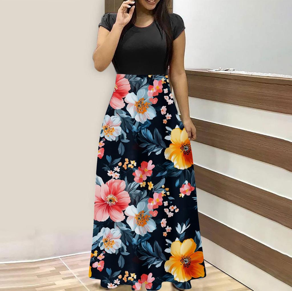 Женская мода повседневные свободные принтованные платья с круглым вырезом и коротким рукавом длинные платья с коротким рукавом длинные платья