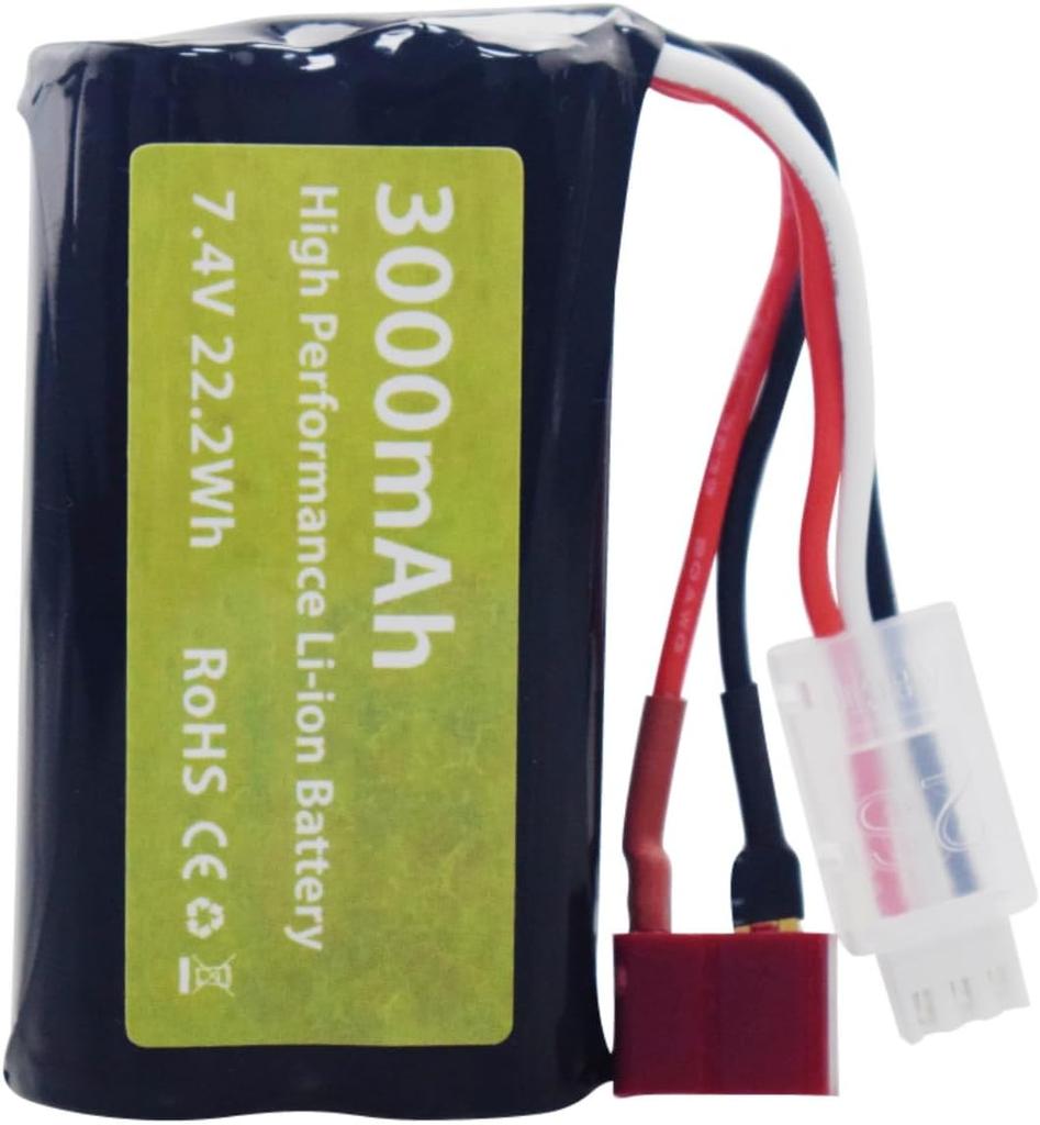2x 7.4V 3000mAh 15C 2S Li-ion Battery with T Plug and 2-in-1 Charger – for WLtoys 12423 MJX 14301 14302 14303 H16PL RC Car 1/10 1/12 1/16 Scale