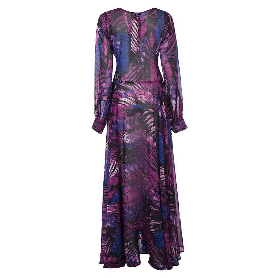 1011 Spring and Summer New European and American Women's Dress V-Neck Lantern Sleeve Red Leaf Printed Long Dress, Large Swing Dress