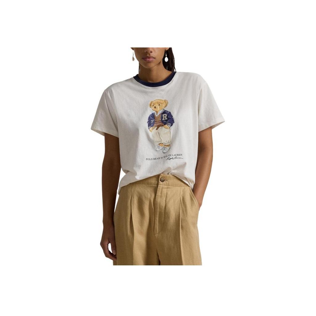 Женская футболка Polo Ralph Lauren с принтом-буквами, круглым вырезом и коротким рукавом, белая 211941205-001
