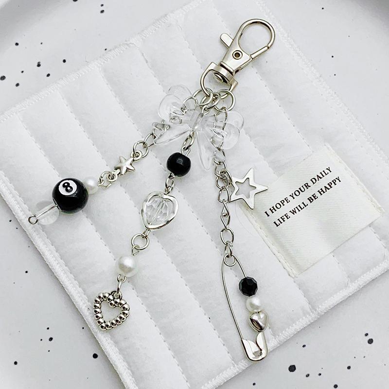 1Pc Diy Accessories 8 Ball Billiards Beaded Butterfly Keychain Y2K Goth Keyring Beaded Pin Love Chain Decoration Bag Pendant