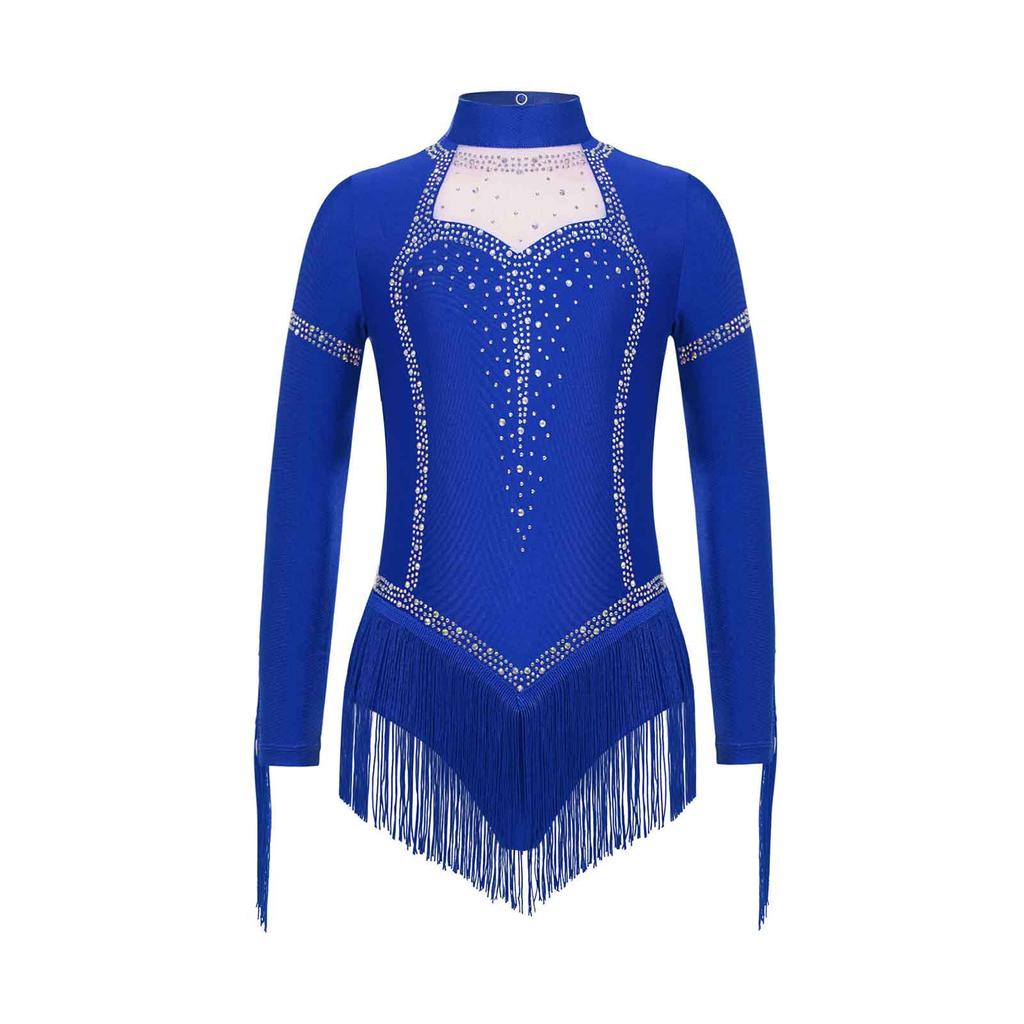Girls Sparkly Rhinestone Fringe Leotard Mock Neck Long Sleeve Keyhole Back Tassels for Latin Dance Stage Costume
