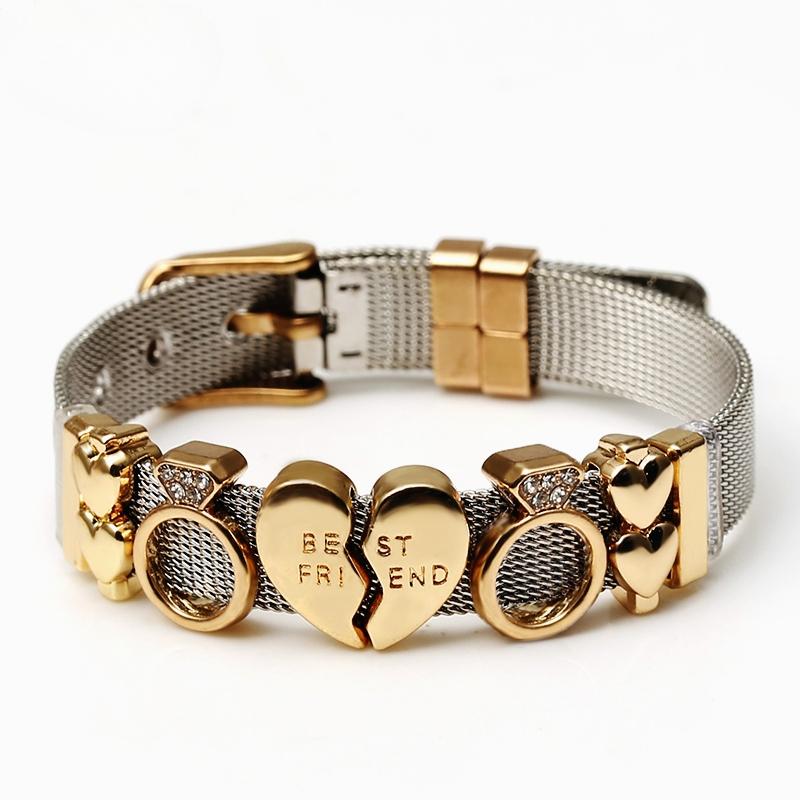 Bracelets Steel Mesh Twotone Stainless For Women Men Golden Love Heart Beaded 10mm Ribbon Mesh Bracelet Bangle Gifts