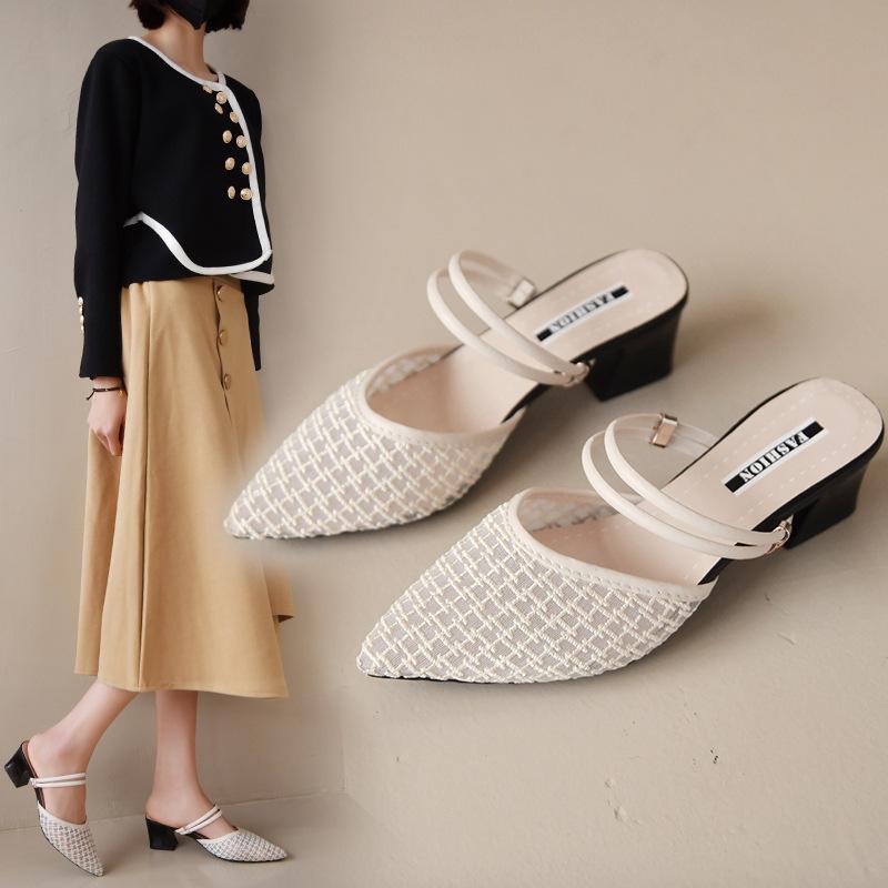 Женские сандалии с новым носком-мешком, одна обувь и две, на вязаном толстом каблуке и с закрытой пяткой, и однословные крутые шлепанцы