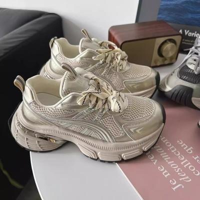 Кожаные сетчатые кроссовки на платформе, женские весенние новые универсальные, увеличивающие рост, повседневные спортивные туфли, модные