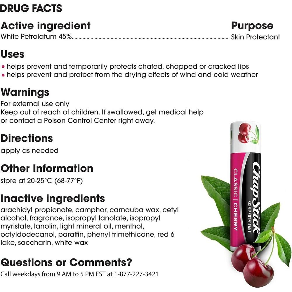 Chapstick Brand Lip Care Skin Protectant Lip Balm, Cherry Flavor, 4g, 3 Pieces