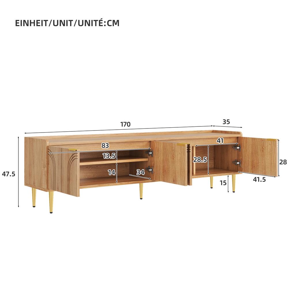 TV cabinet, lowboard with structured door, TV furniture, golden handles and golden feet, 170 L x 35 W x 47.5 H (cm)