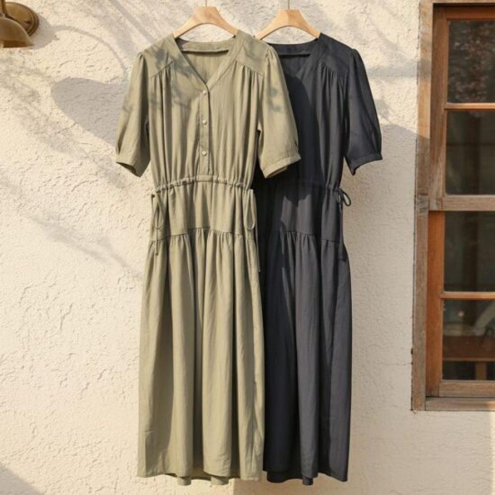 Mizqz V Neck Pearl Button String Body coVer Short sleeVe Shirring Flare