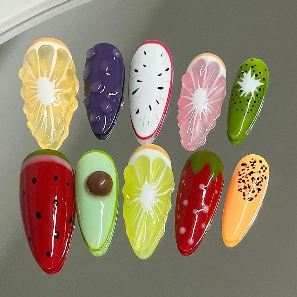 10Pcs Handmade Press On Nails Summer Fruit 3D French Almond Colorful False Nail Tips Wearable Manicure