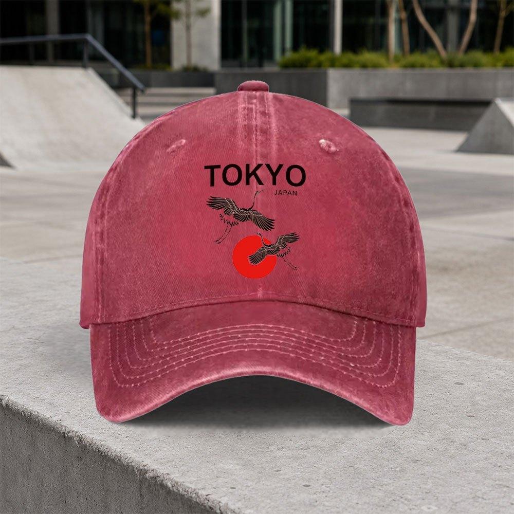 1pc Vintage Tokyo Crane Washed Baseball Cap Adjustable Hook Loop Duckbill Cap Suitable For Outdoor Sports Daily Wear Parti