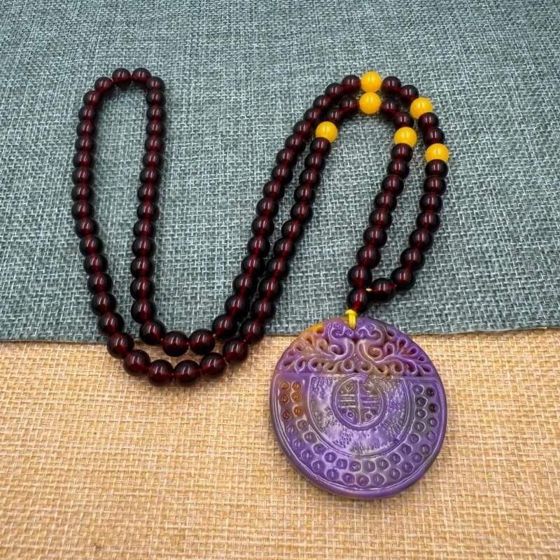 Chinese Style Purple Hand Carved Pixiu Gourd Pendant Necklace Long Sweater Chain Winter Women Jewelry Mother'S Day Gift
