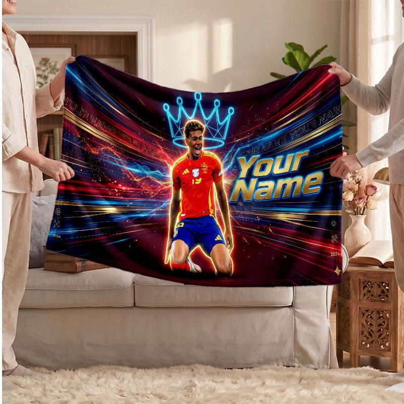 Lamine Yamal Personalized Fleece Blanket With Football Logo, Custom Name Text Soft Warm Home Throw Blanket