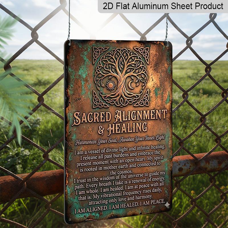 2D Flat, Vintage 7.87*11.8 Square Aluminum Wall Plaque Sacred Tree Totem with Healing Text, Ideal for Home and Office Decoration, Living Room, Cafe