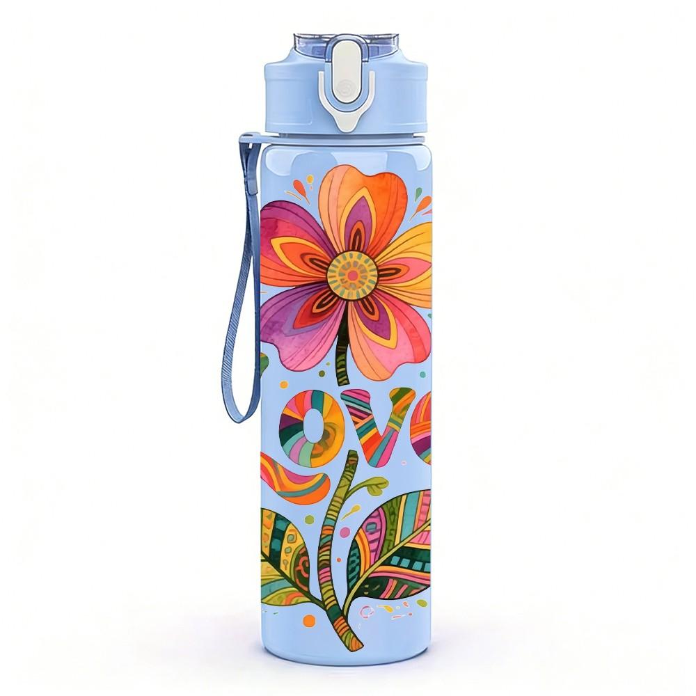 1PC Love Word Big Daisy Boho Flower Art 750ml Color Plastic Sports Water Bottle Leakproof Flip Straw Lid Suitable for Sports Office Home Use