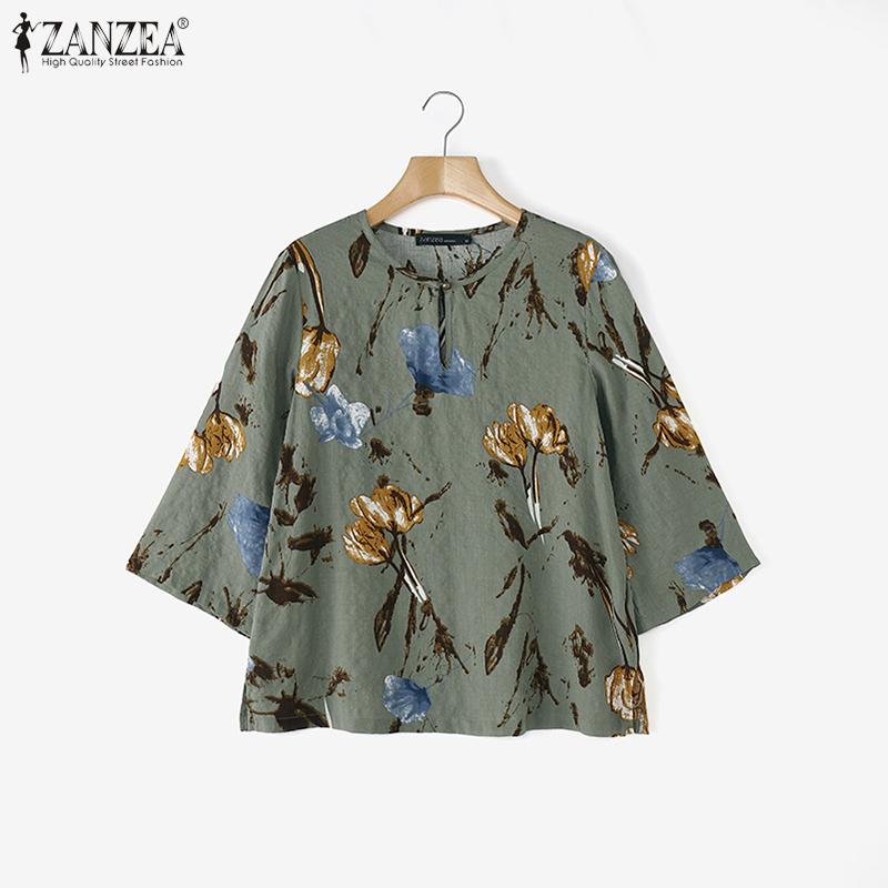 ZANZEA Women Casual Round Neck 3/4 Sleeve Loose Print Blouse