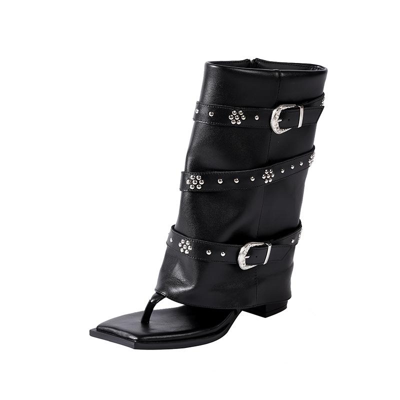 Factory Custom Punk Style Rivet Toe Herringbone Cool Boots Women's Shoes Summer New Retro Buckle Spice Girl Trouser Boots