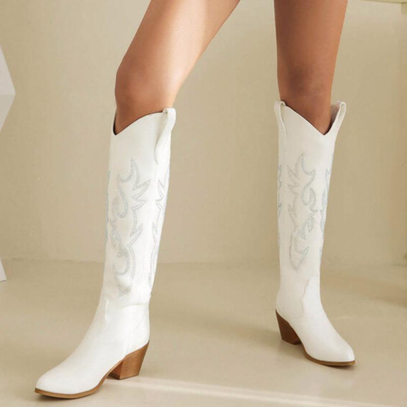 Женские винтажные белые ковбойские сапоги 2024 года, высококачественные квадратные каблуки, молния, высокие до колена, концертные женские ковбойские туфли в стиле вестерн, Botas Mujer