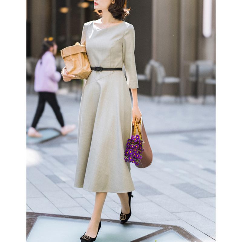 Весенне-осеннее женское платье с длинным рукавом и круглым вырезом в винтажном стиле с воздушным низом