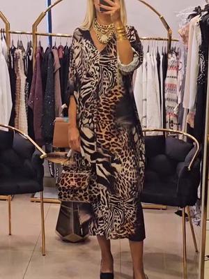 Свободное осеннее платье с V-образным вырезом и леопардовым принтом, 2024