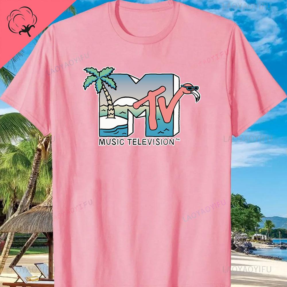 MTV Beach Island Logo Retro Graphic Cotton T-shirt M-T-V Sunset Palm Tree Print Top Unisex Graphic T Shirts