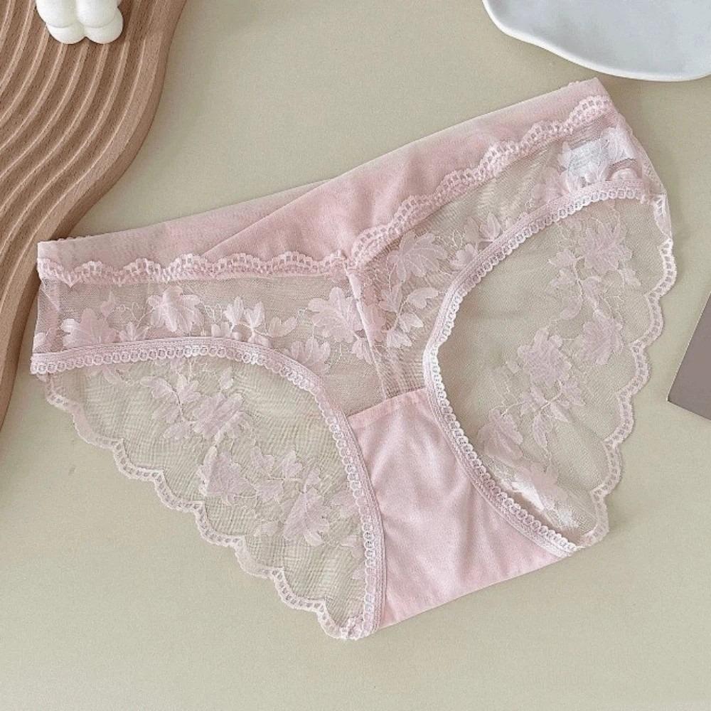 Fashion Mesh Lace Flower Panties Transparent Low Waist French Style Briefs Breathable Women Underwear Summer Spring