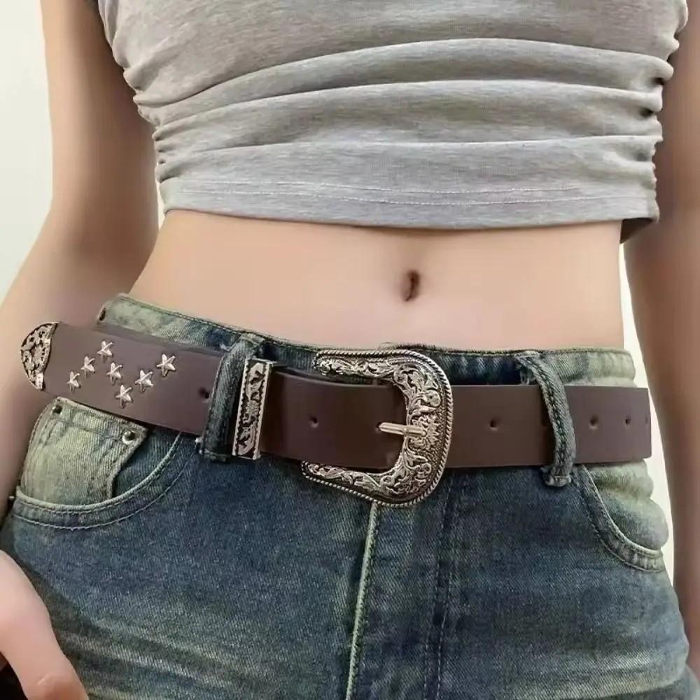 Solid Color Western Studded Belt Gothic Star Waistband Trouser Belt Y2K Punk Belt  Unisex