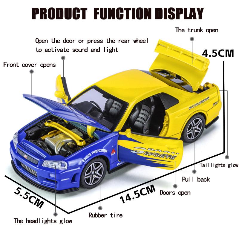 Масштаб 1/32 Nissan GTR R34 SKYLINE Fast Alloy Simulation Car Model Diecasts & Toy Vehicles and Furious Cars Decoration Toys for Children Boy