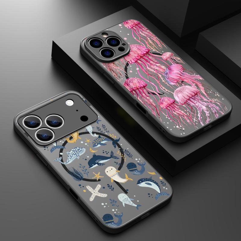 Чехол с рисунком медузы и дельфина для iPhone 17 Pro Max Чехол iPhone 16 Pro Max 15 14 13 16E 17E Магнитный Для Magsafe Гибридный Матовый Чехол