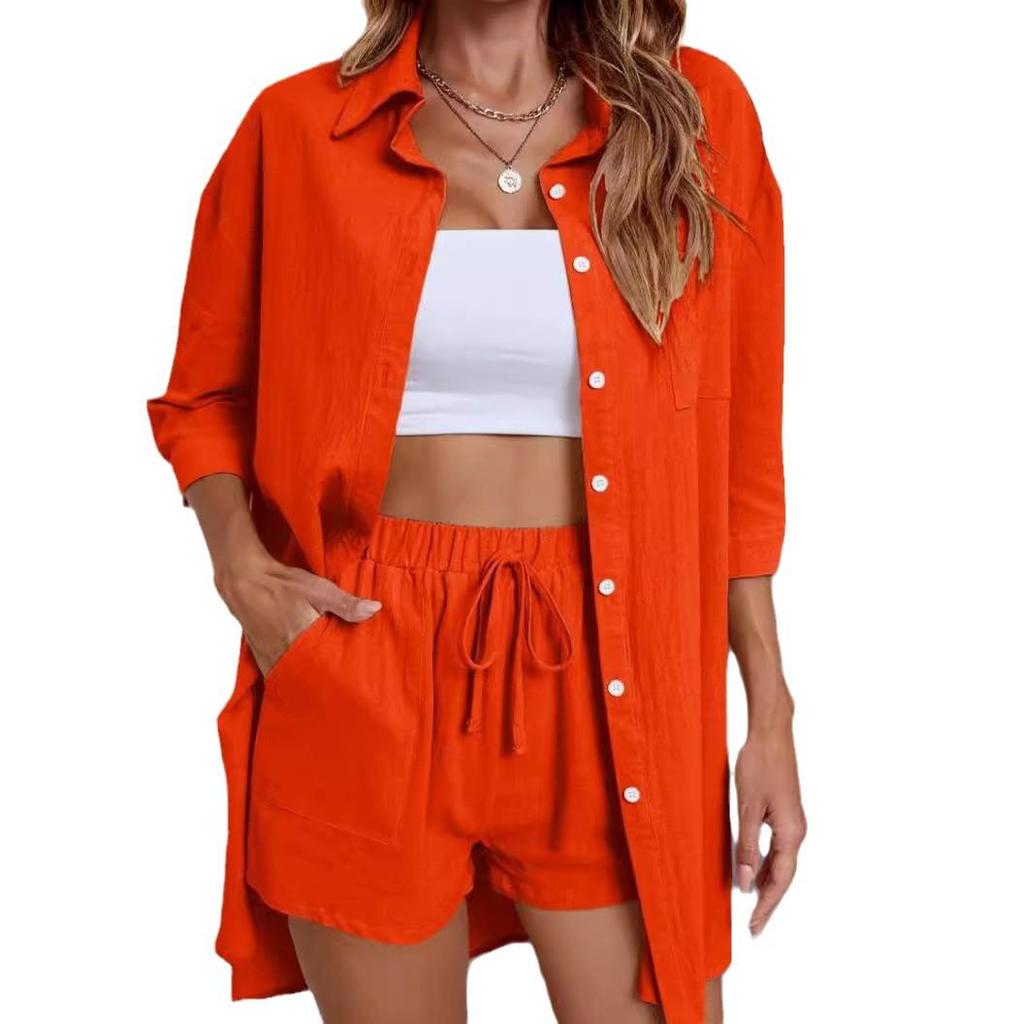 Spring Collection: Women's Solid Color Fashion Two-Piece Set - Single-Breasted Shirt & Casual Comfort Fit