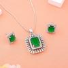 Designer Square Pendant Set with Rhodium Plated CZ and Emerald Stone for Women