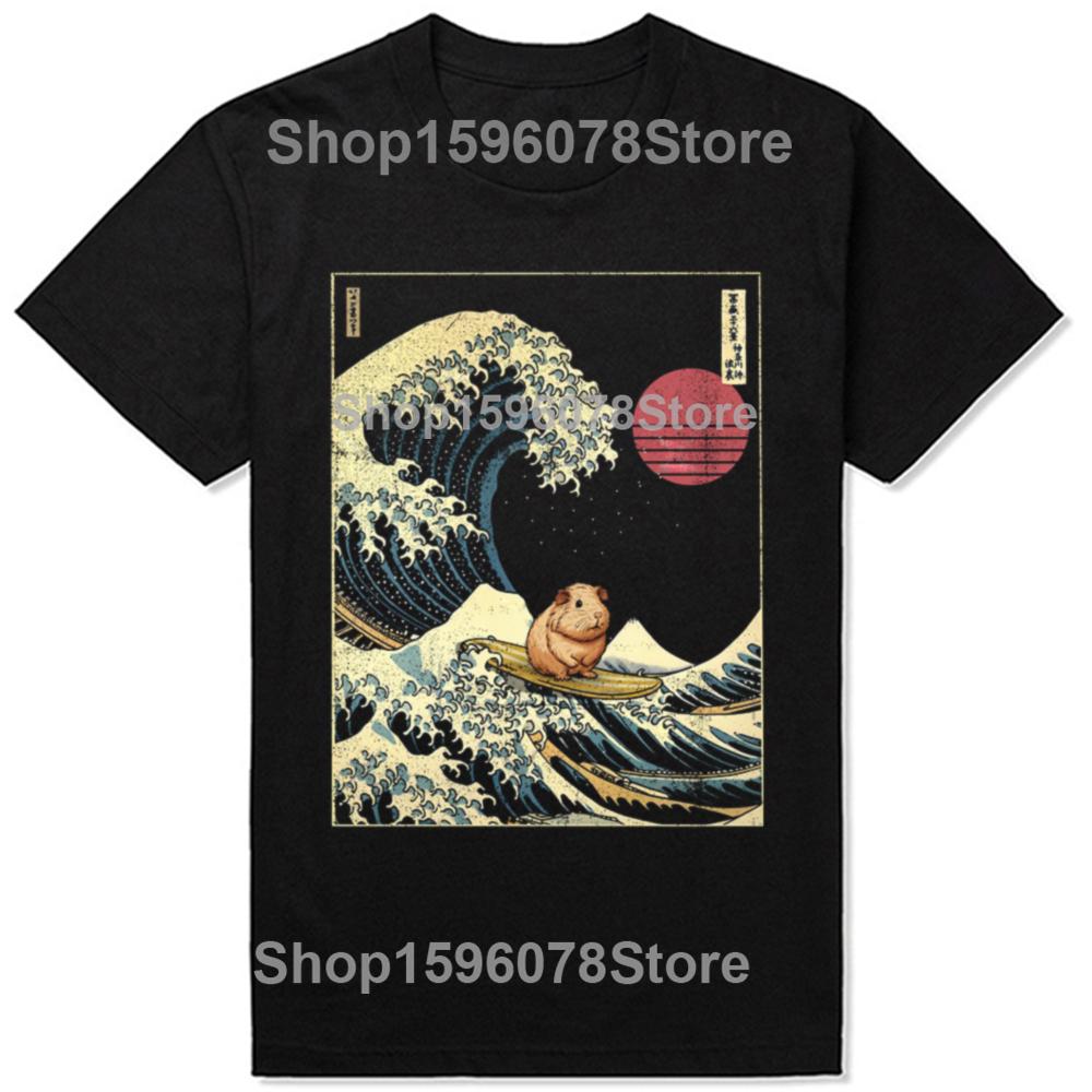Funny Guinea Pig Kanagawa Japanese Surfing Wave T Shirts Cotton Humor Streetwear Tee Shirt Short Sleeve Unisex Loose Clothing