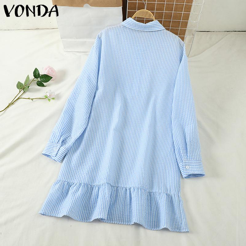 VONDA Женские летние платья-рубашки с воротником-лацканами и рукавами 3/4 в полоску с оборками по подолу
