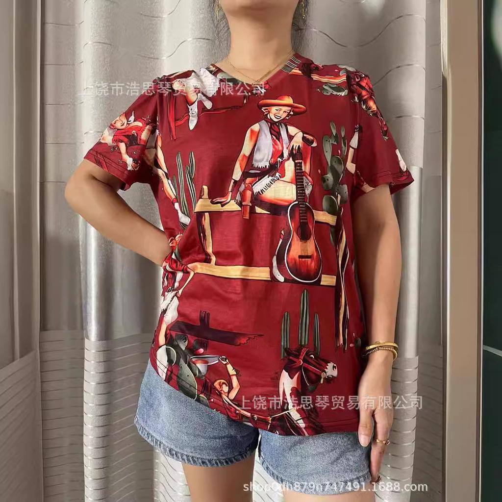 Summer V-neck 3D Retro Western Cowboy Printed Top Fashionable Casual Short Sleeved Women's T-shirts