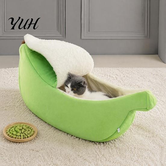 Thick Filled Puppy Bed Banana Cat Bed, Plush Pet Cave with Lid, Fleece Lined, Cozy Soft Enclosed Hideaway, Warm Semi for Cats, Small Dogs, Autumn