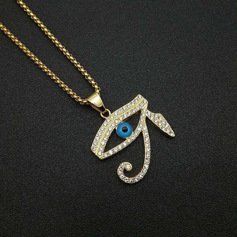 Egyptian Iced Out Bling Eye Of Horus Pendant Gold Color Stainless Steel Amulet Charm Necklace for Men Ancient Egypt Jewelry Gift