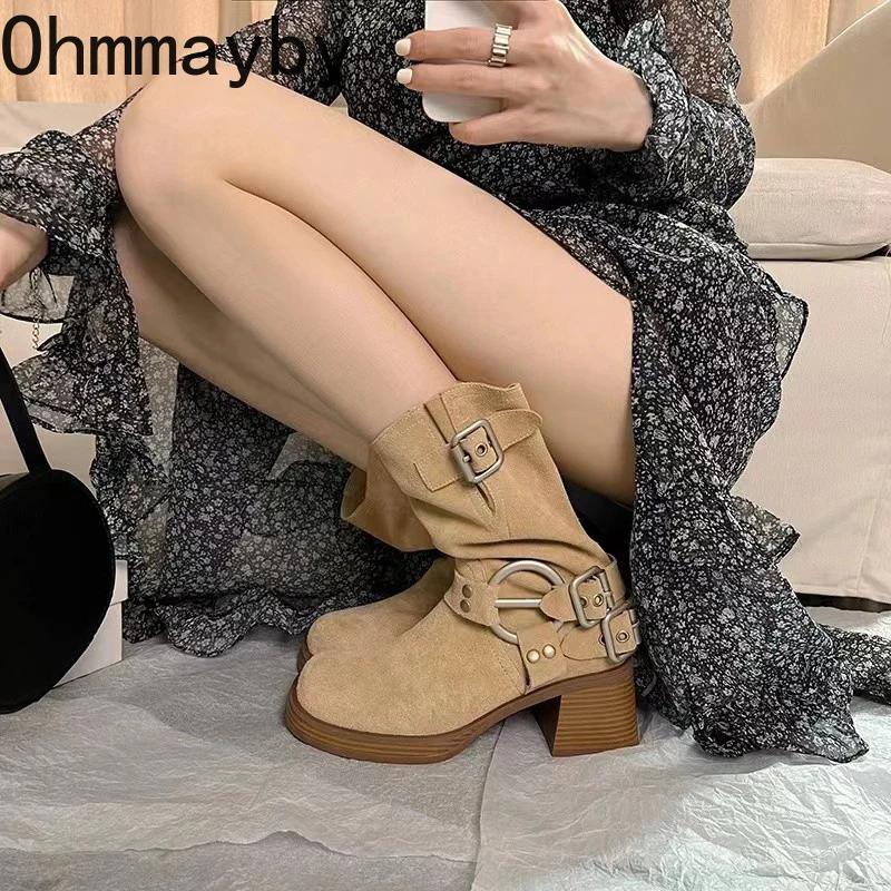 Fashion Square High Heel Women Western Cowgirl Boots Fashion Belt Buckle Slip On Shoes Retro Style Autumn Winter Ladies Mid Calf Booties