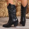 Fashion 2025 Pointed Toe Western Cowgirl Chelsea Mid Calf Boots Women Cossacks Cowboy Pleated Boots Wedges Femal Shoes Botas Mujer 34-45