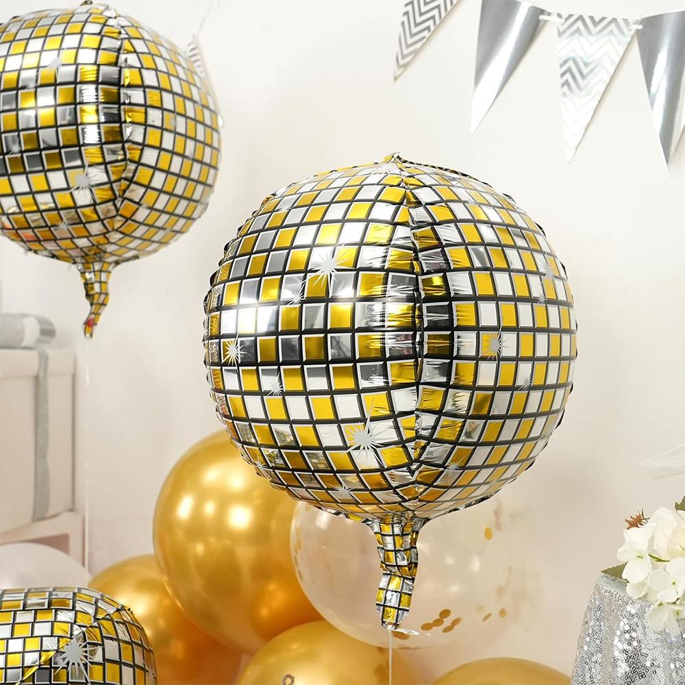 Pack of 4/6 22-Inch 4D Round Gold and Silver Disco Foil Balloons, Suitable for 60S, 70S, 80S, 90S Fashion-Themed Parties, Ideal for Birth