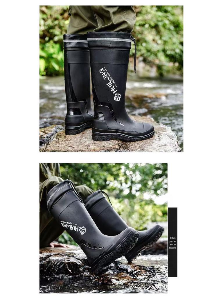Stylish Men's Non-Slip Waterproof High-Top Rain Boots with Drawstring - Long Tube Fishing Wear-Resistant